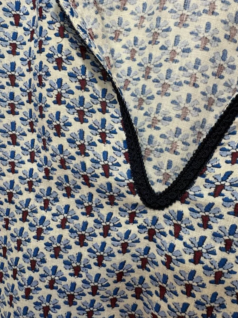 Tory Burch Blue Floral Geometric Print Split Neck Tunic Blouse Large